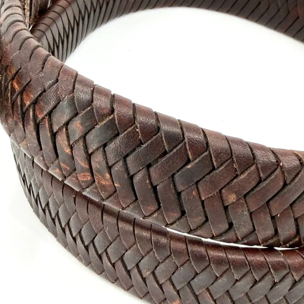 Vintage 90s Brown Genuine Leather Western Woven Silver Tip Belt